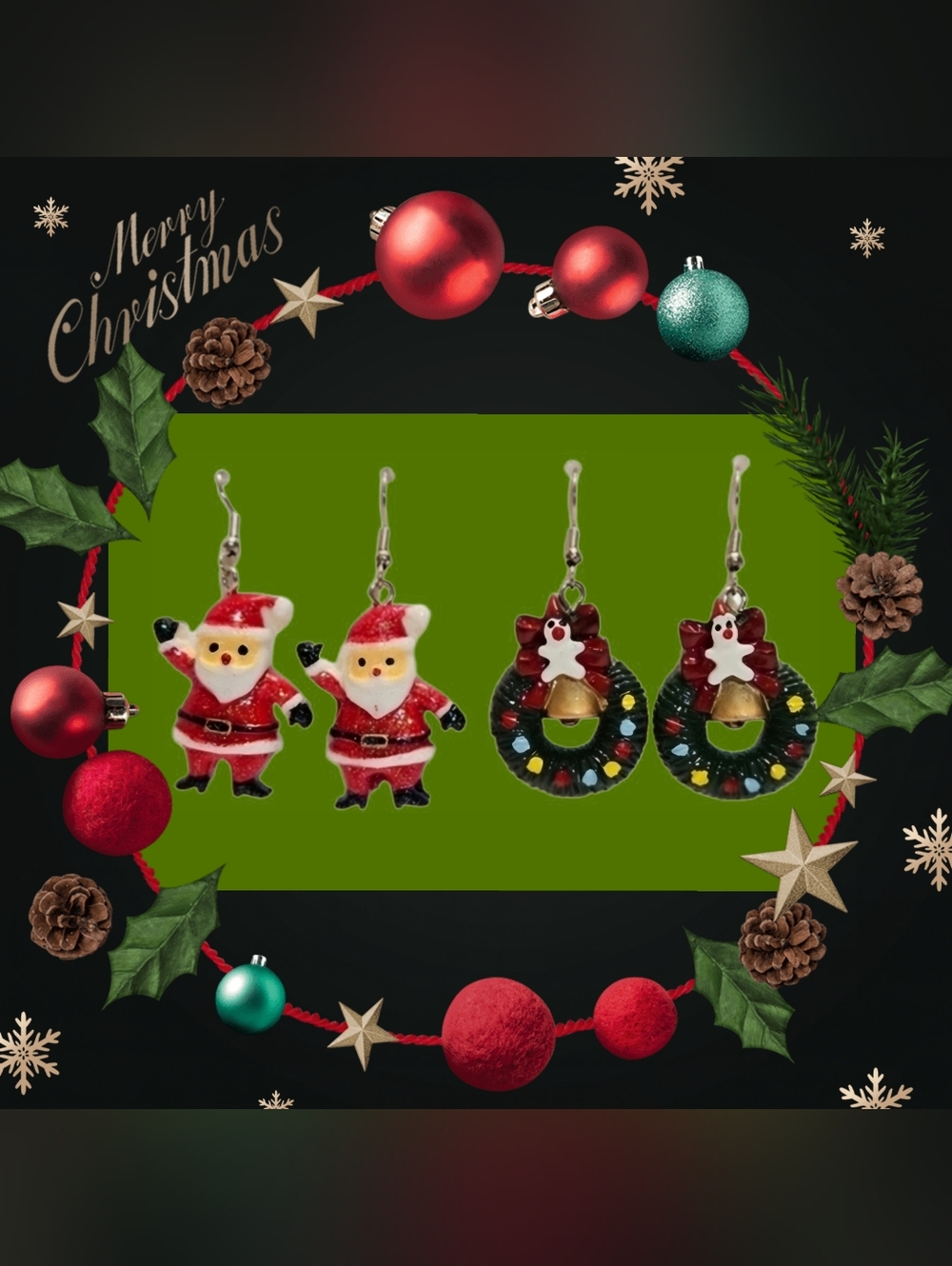 Santa and Christmas Wreath Earrings Set